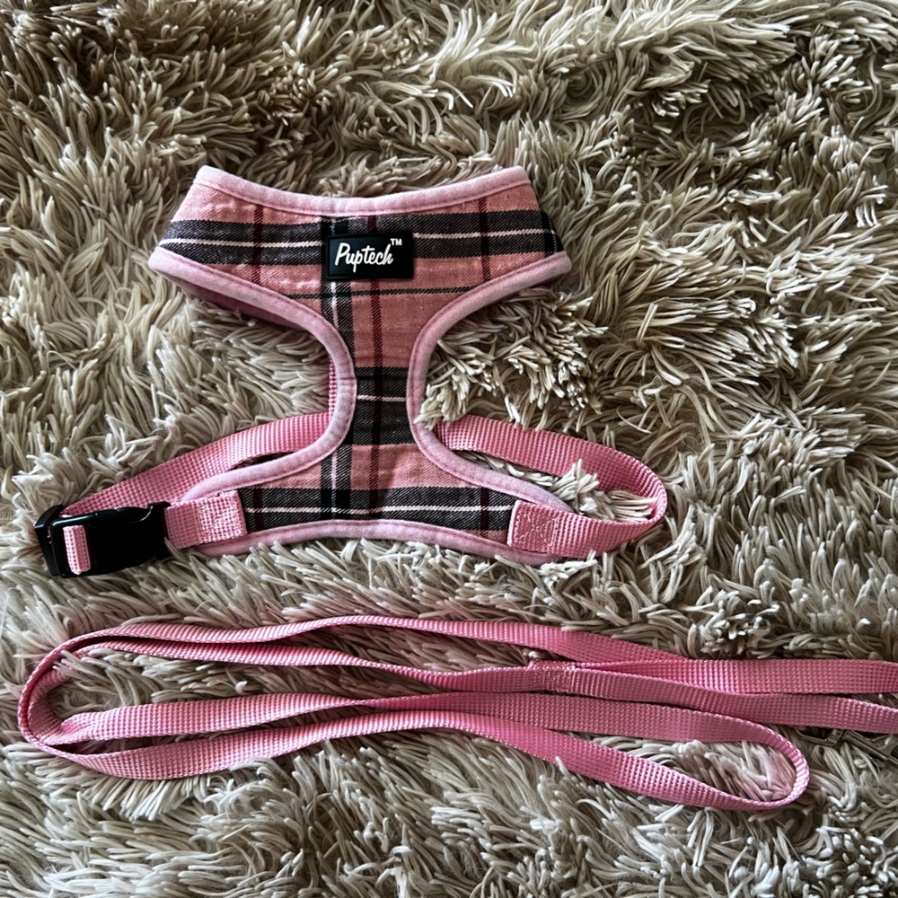Plaid Pink Puptech harness and leash size medium